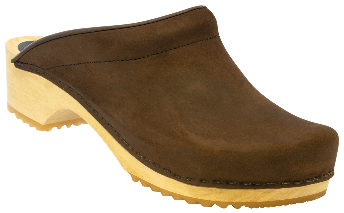 Træsko med 100 procent træsål, Model Albrethsen, uden kappe, polstret vrist, sort/brun nubuck læder Brun 35