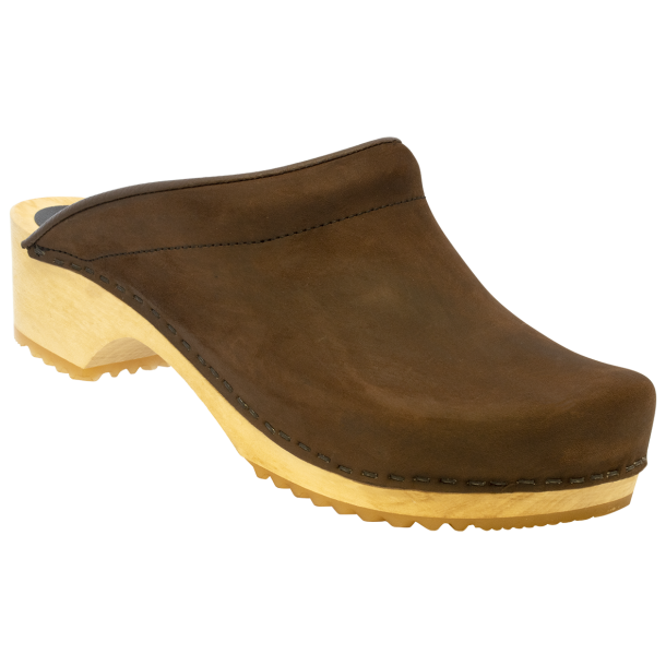 Tr�sko med 100 procent tr�s�l, Model Albrethsen, uden kappe, polstret vrist, sort/brun nubuck l�der
